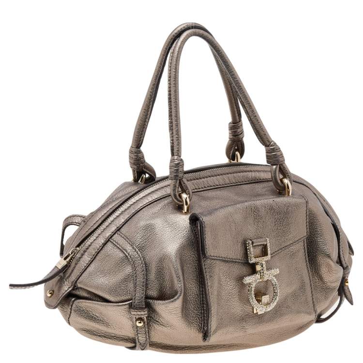 Pre Owned Salvatore Ferragamo Metallic Leather Crystal Embellished Gancini Satchel