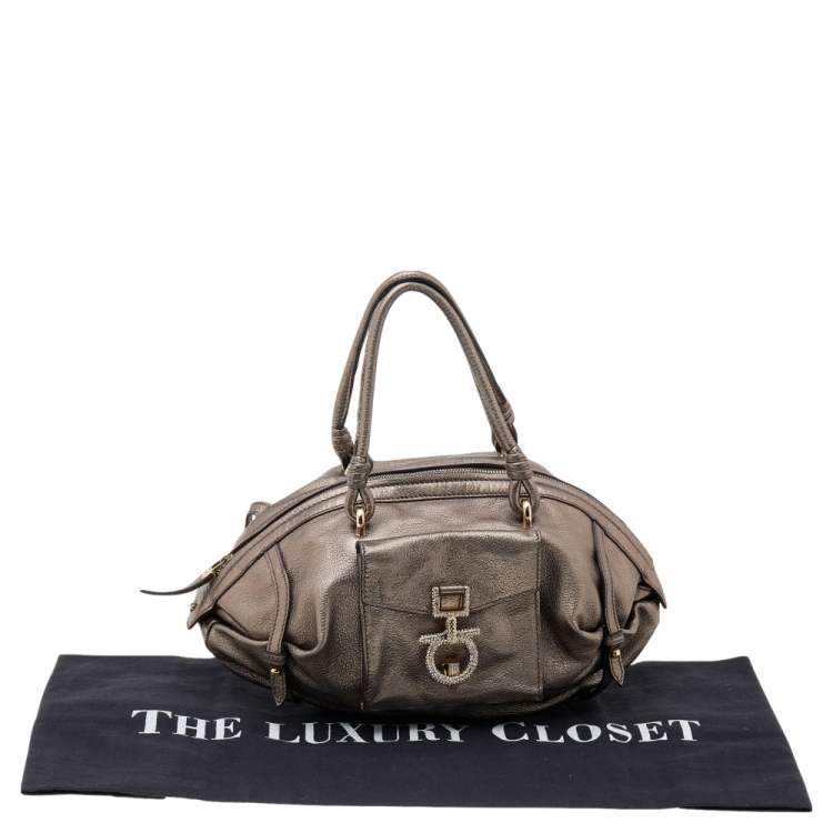 Pre Owned Salvatore Ferragamo Metallic Leather Crystal Embellished Gancini Satchel