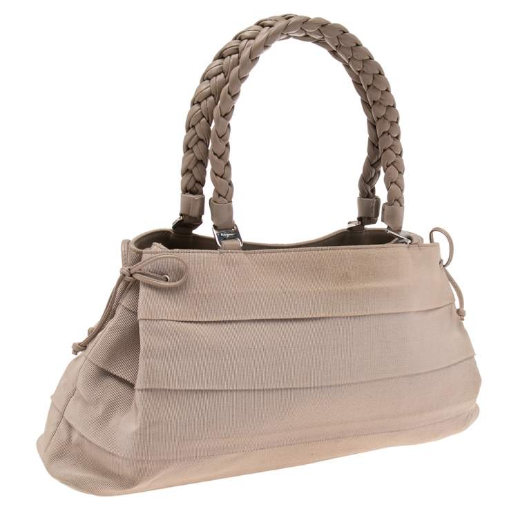 Pre Owned Salvatore Ferragamo Beige Tiered Grosgrain Braided Tote