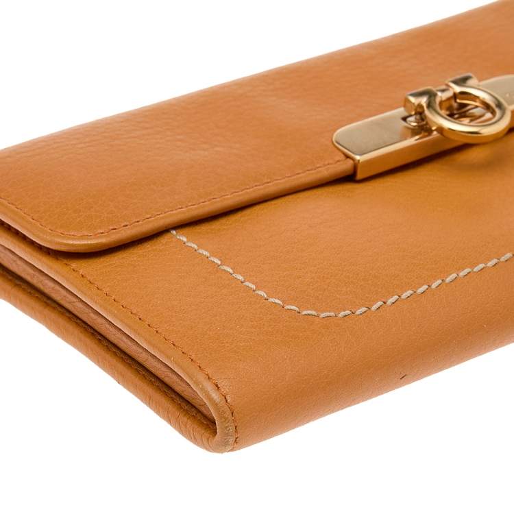 Pre Owned Salvatore Ferragamo Tan Leather Flap Continental Wallet