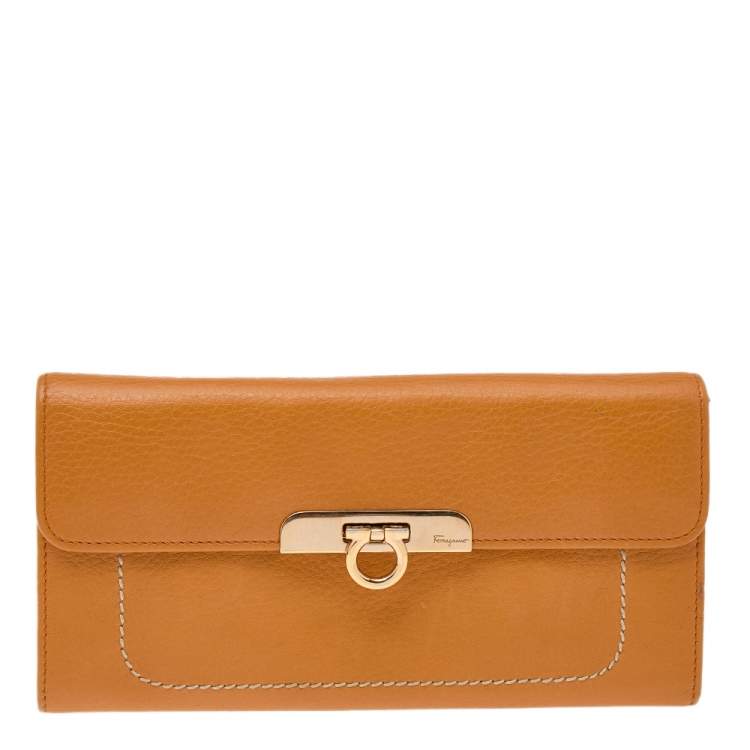 Pre Owned Salvatore Ferragamo Tan Leather Flap Continental Wallet