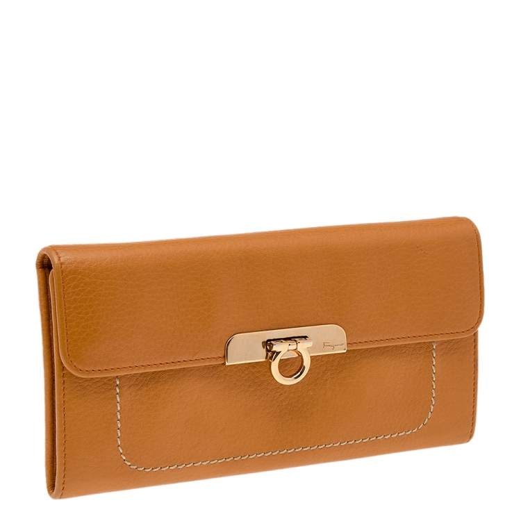 Pre Owned Salvatore Ferragamo Tan Leather Flap Continental Wallet