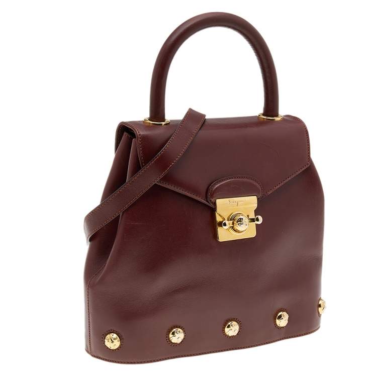 Pre Owned Salvatore Ferragamo Maroon Leather Vintage Studded Top Handle Bag
