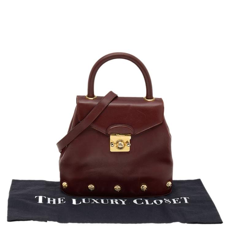 Pre Owned Salvatore Ferragamo Maroon Leather Vintage Studded Top Handle Bag