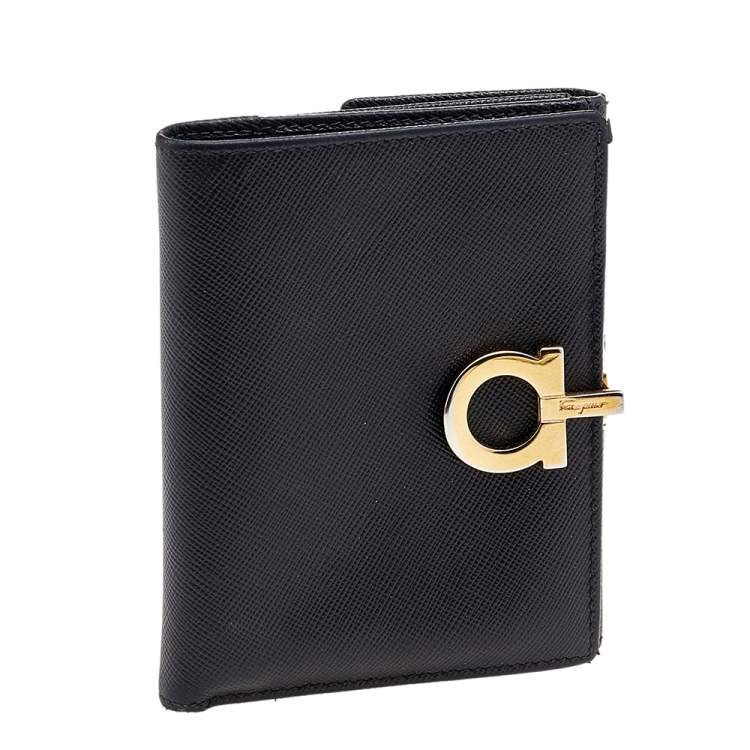 Pre Owned Salvatore Ferragamo Black Leather Gancini Lock French Wallet