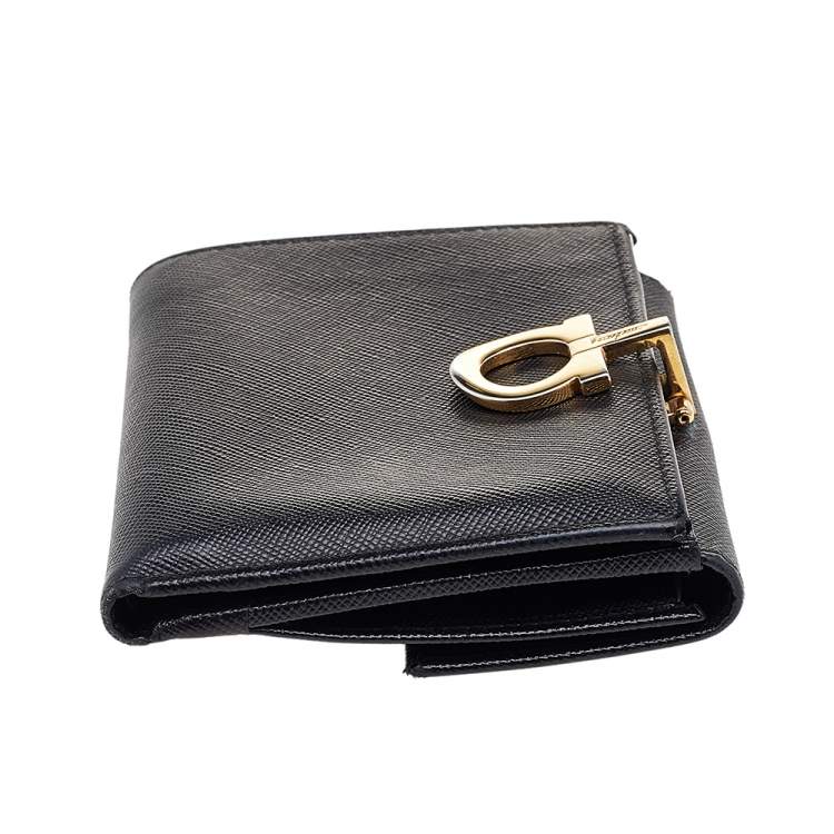 Pre Owned Salvatore Ferragamo Black Leather Gancini Lock French Wallet