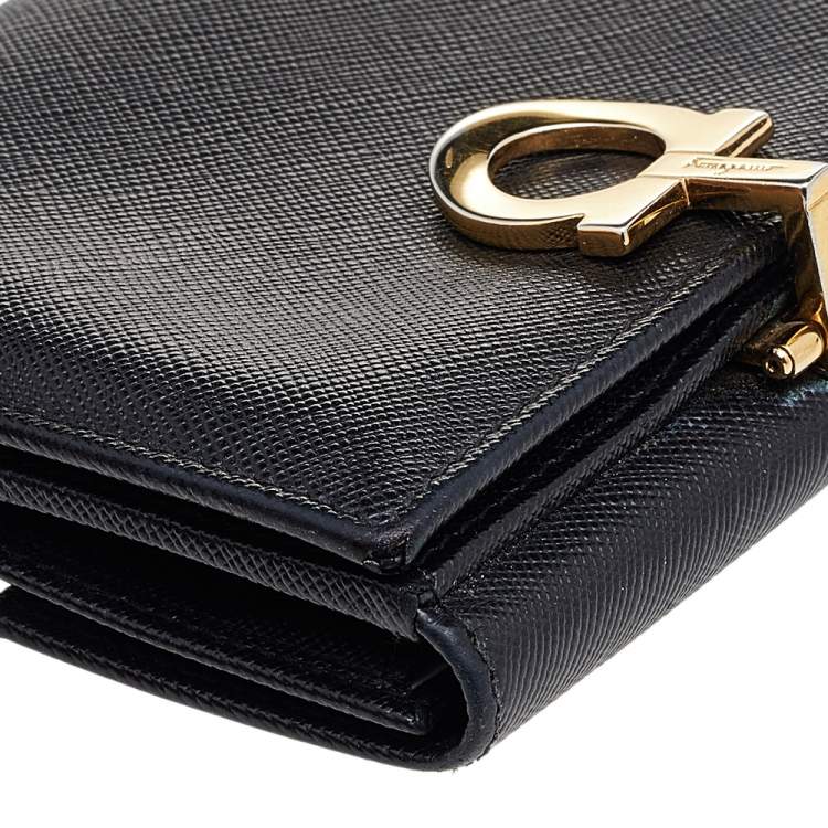 Pre Owned Salvatore Ferragamo Black Leather Gancini Lock French Wallet