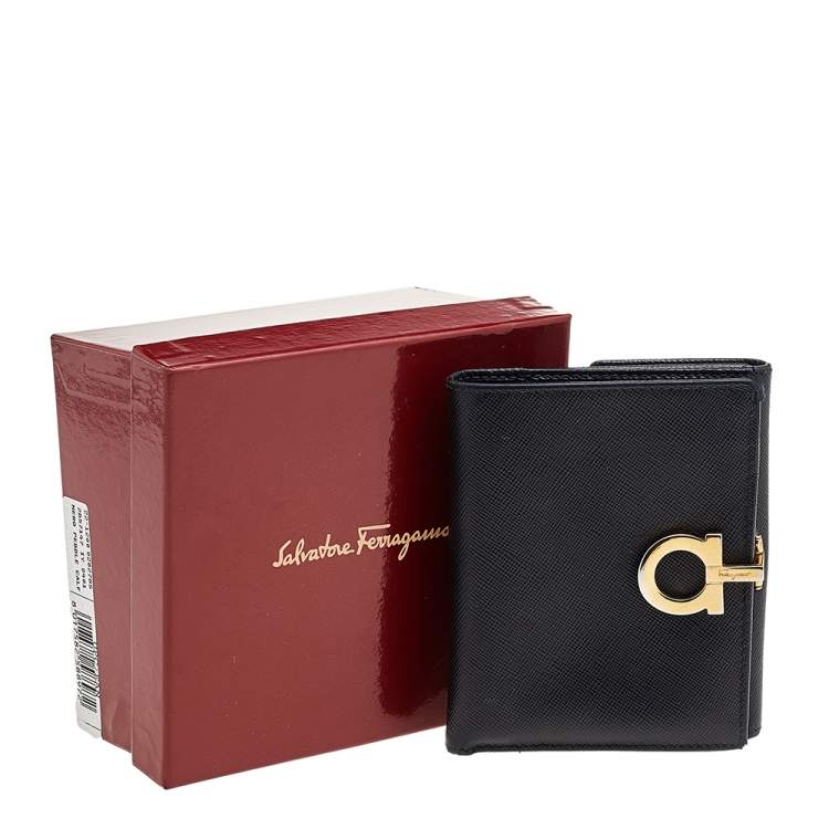 Pre Owned Salvatore Ferragamo Black Leather Gancini Lock French Wallet