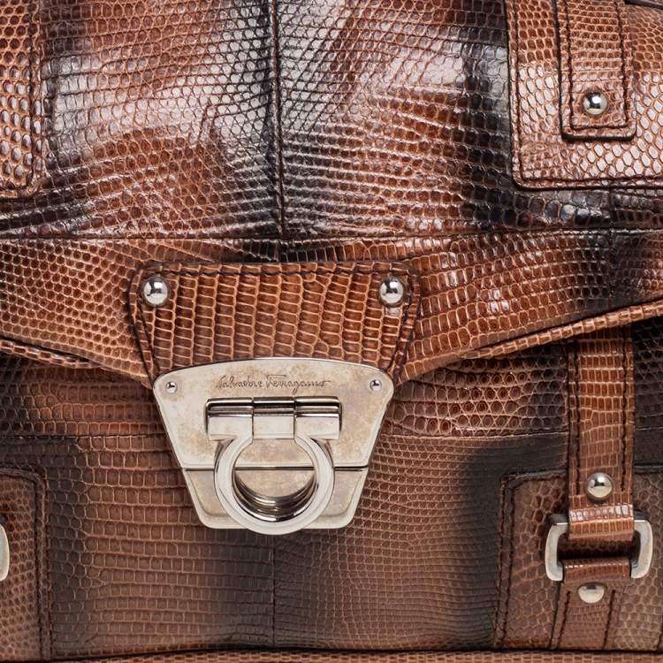Pre Owned Salvatore Ferragamo Brown Lizard Gancini Flap Top Handle Bag