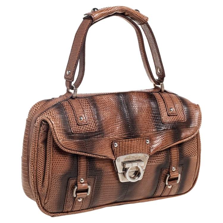 Pre Owned Salvatore Ferragamo Brown Lizard Gancini Flap Top Handle Bag