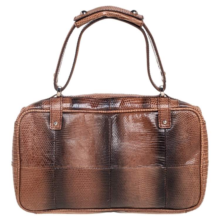 Pre Owned Salvatore Ferragamo Brown Lizard Gancini Flap Top Handle Bag