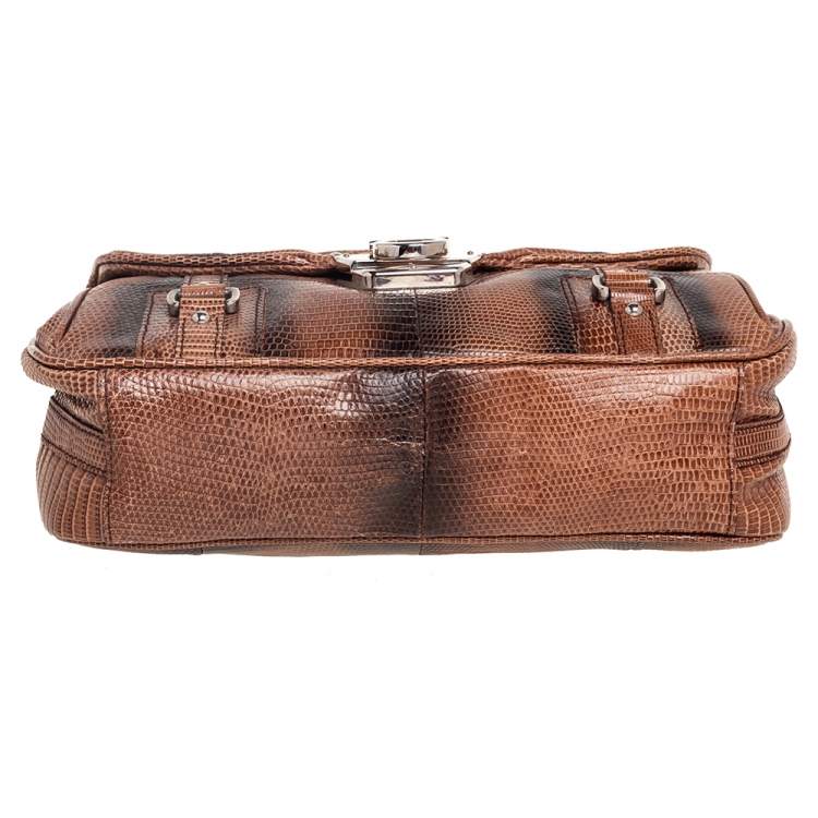 Pre Owned Salvatore Ferragamo Brown Lizard Gancini Flap Top Handle Bag