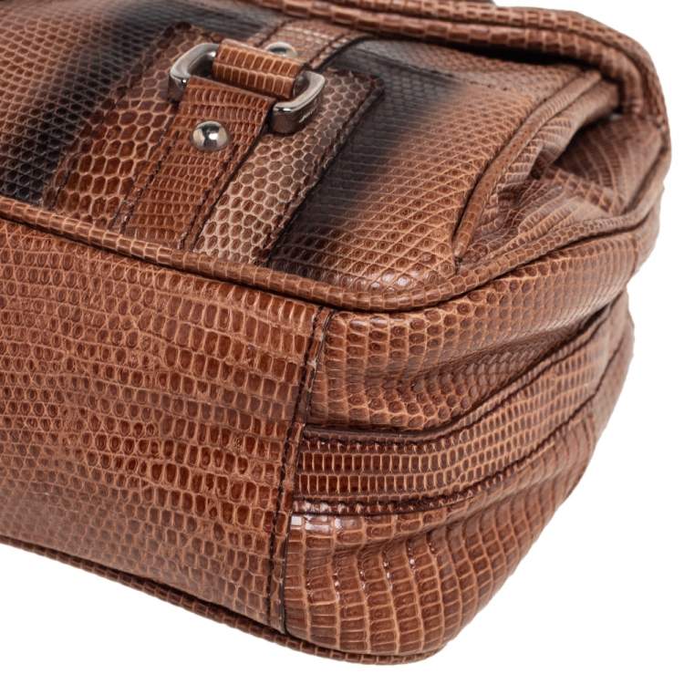 Pre Owned Salvatore Ferragamo Brown Lizard Gancini Flap Top Handle Bag