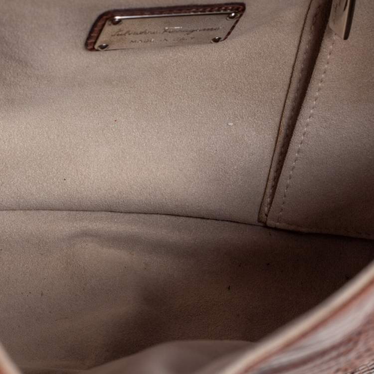 Pre Owned Salvatore Ferragamo Brown Lizard Gancini Flap Top Handle Bag