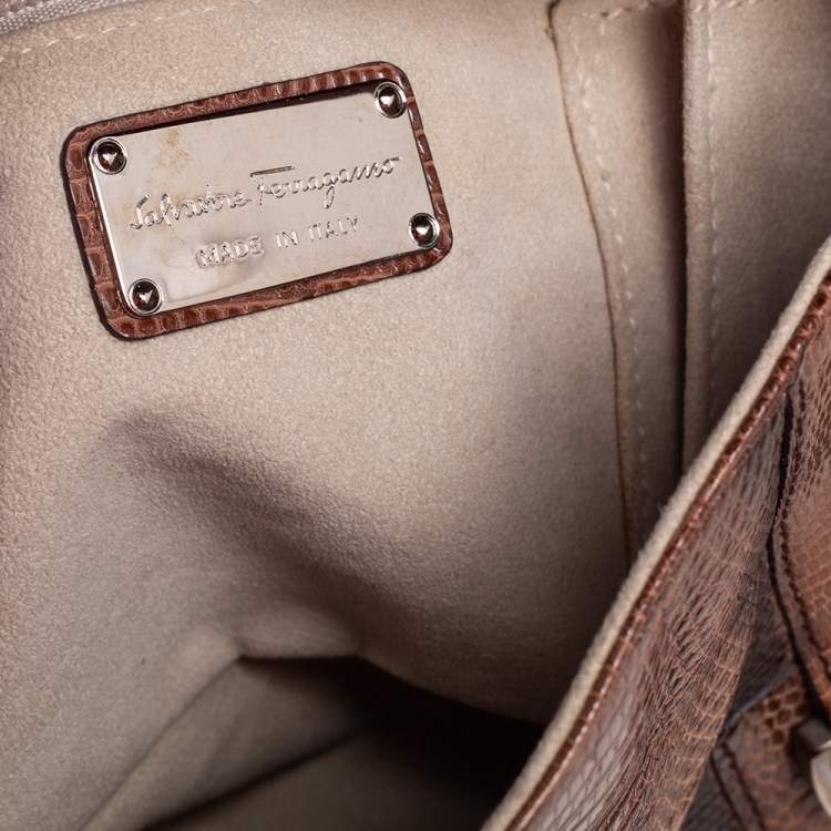 Pre Owned Salvatore Ferragamo Brown Lizard Gancini Flap Top Handle Bag