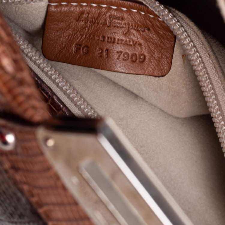 Pre Owned Salvatore Ferragamo Brown Lizard Gancini Flap Top Handle Bag