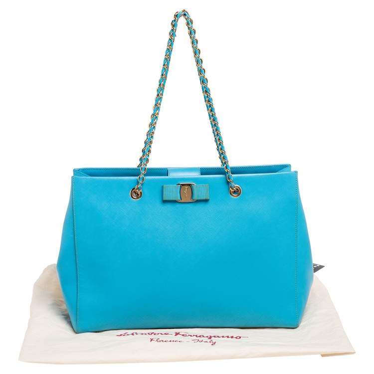 Pre Owned Salvatore Ferragamo Light Blue Saffiano Leather Vara Bow Tote
