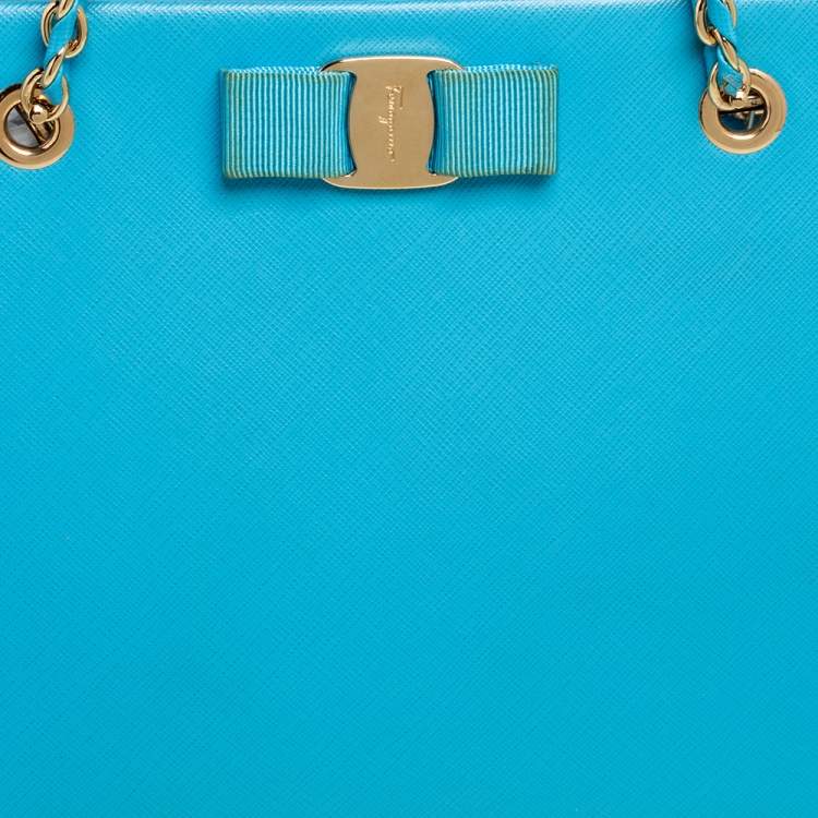 Pre Owned Salvatore Ferragamo Light Blue Saffiano Leather Vara Bow Tote
