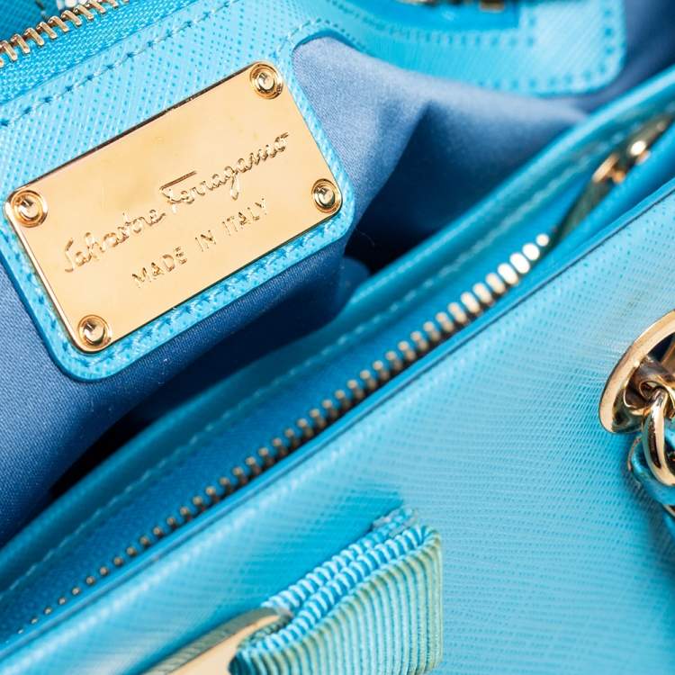Pre Owned Salvatore Ferragamo Light Blue Saffiano Leather Vara Bow Tote