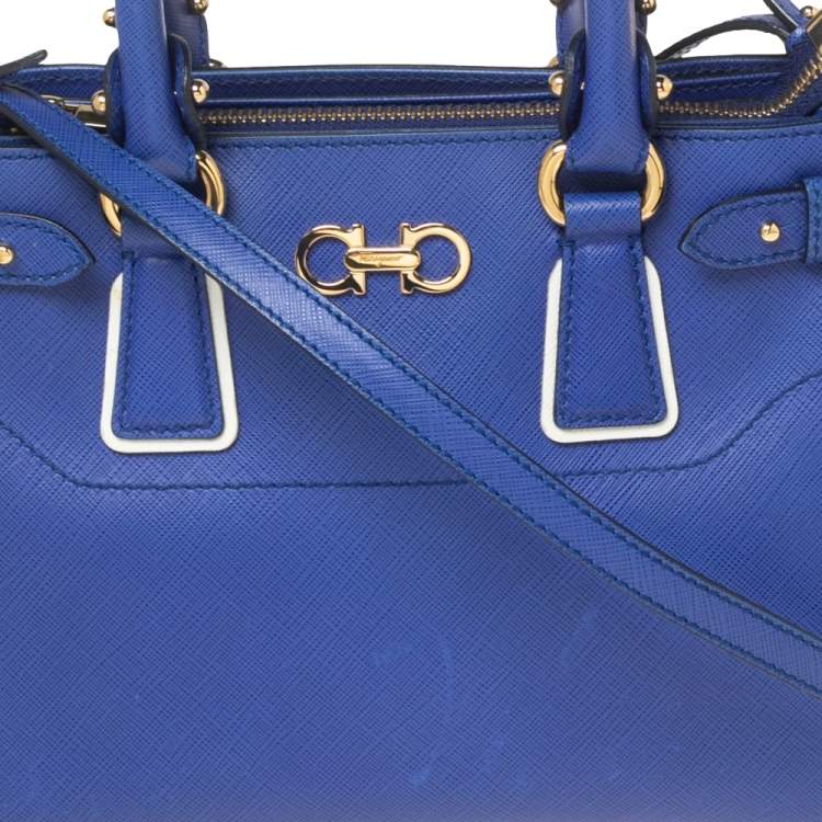 Pre Owned Salvatore Ferragamo Blue/White Leather Batik Tote