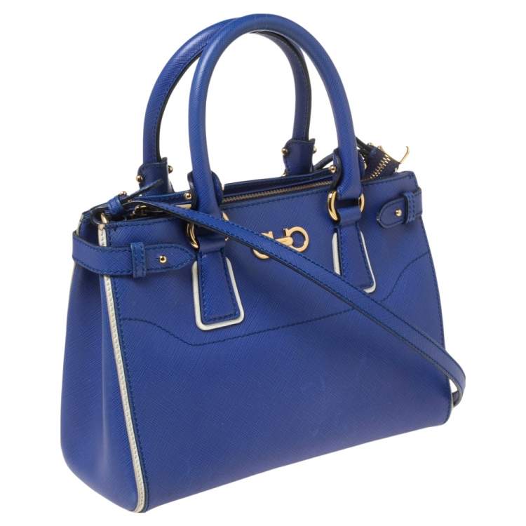 Pre Owned Salvatore Ferragamo Blue/White Leather Batik Tote