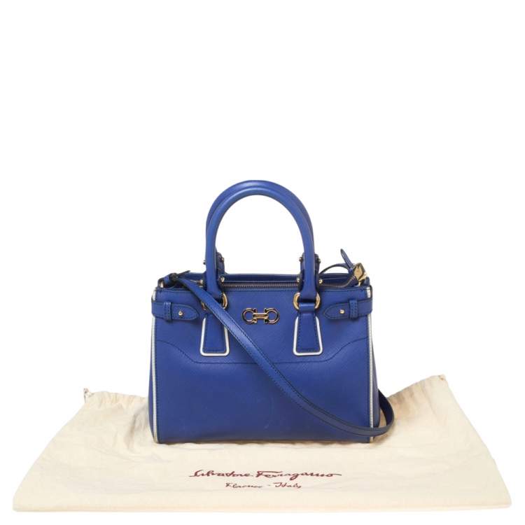 Pre Owned Salvatore Ferragamo Blue/White Leather Batik Tote