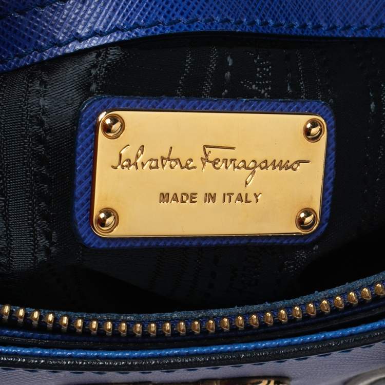 Pre Owned Salvatore Ferragamo Blue/White Leather Batik Tote