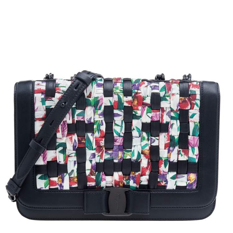 Pre Owned Salvatore Ferragamo Black/Multicolor Woven Leather And Fabric Vara Bow Shoulder Bag