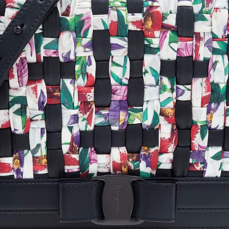 Pre Owned Salvatore Ferragamo Black/Multicolor Woven Leather And Fabric Vara Bow Shoulder Bag