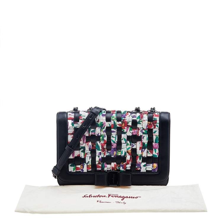 Pre Owned Salvatore Ferragamo Black/Multicolor Woven Leather And Fabric Vara Bow Shoulder Bag