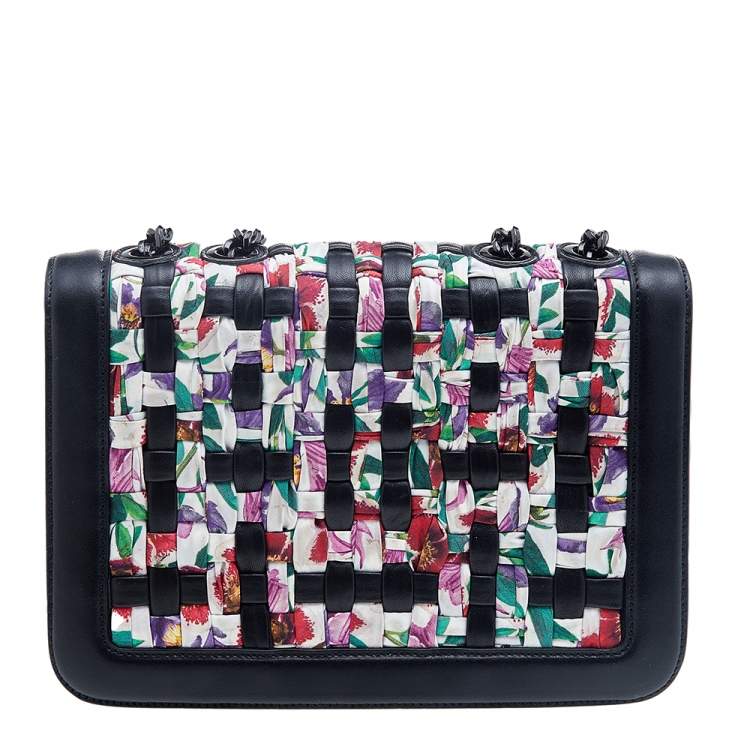 Pre Owned Salvatore Ferragamo Black/Multicolor Woven Leather And Fabric Vara Bow Shoulder Bag