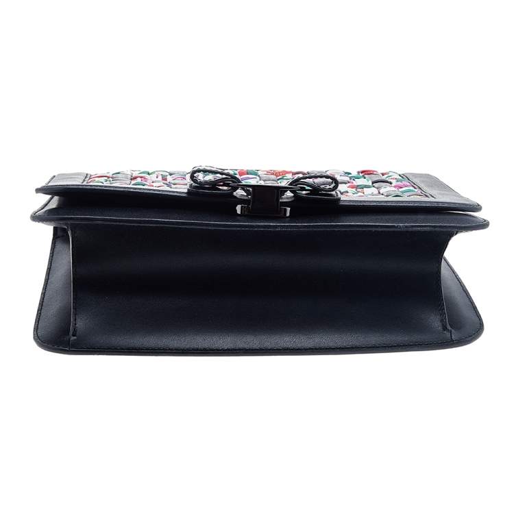 Pre Owned Salvatore Ferragamo Black/Multicolor Woven Leather And Fabric Vara Bow Shoulder Bag