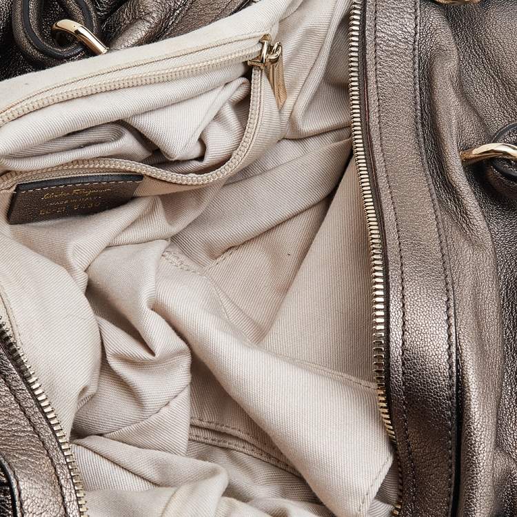 Pre Owned Salvatore Ferragamo Metallic Grey Leather Gancini Front Pocket Satchel