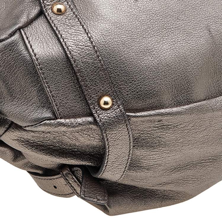 Pre Owned Salvatore Ferragamo Metallic Grey Leather Gancini Front Pocket Satchel