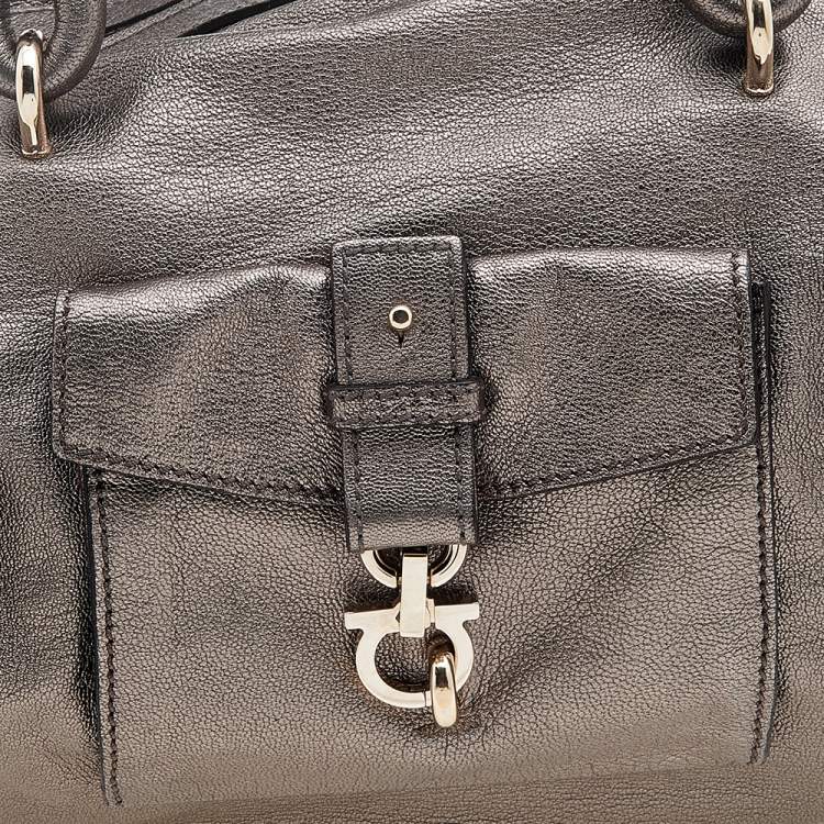 Pre Owned Salvatore Ferragamo Metallic Grey Leather Gancini Front Pocket Satchel