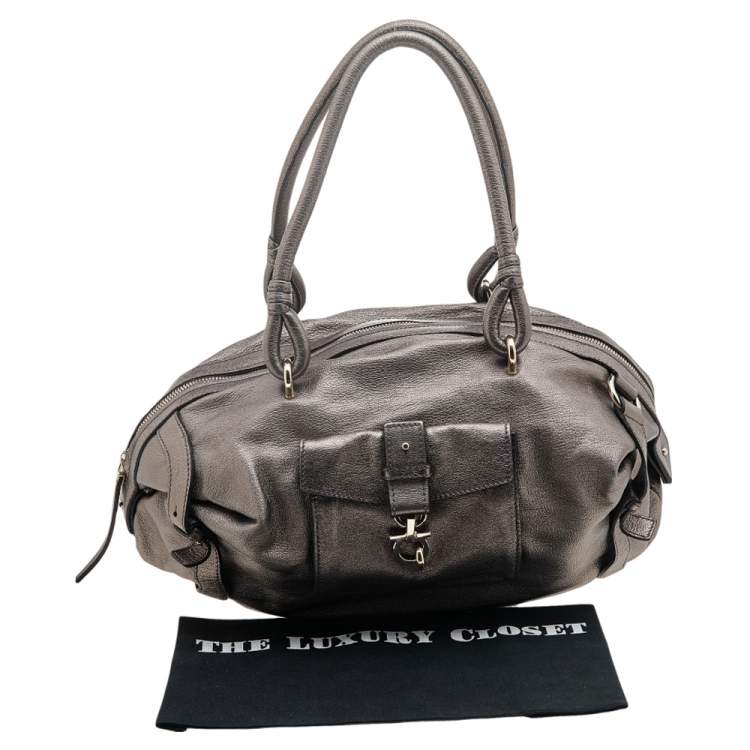 Pre Owned Salvatore Ferragamo Metallic Grey Leather Gancini Front Pocket Satchel