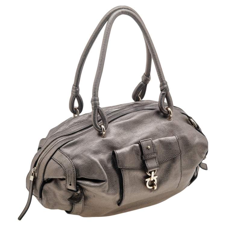 Pre Owned Salvatore Ferragamo Metallic Grey Leather Gancini Front Pocket Satchel