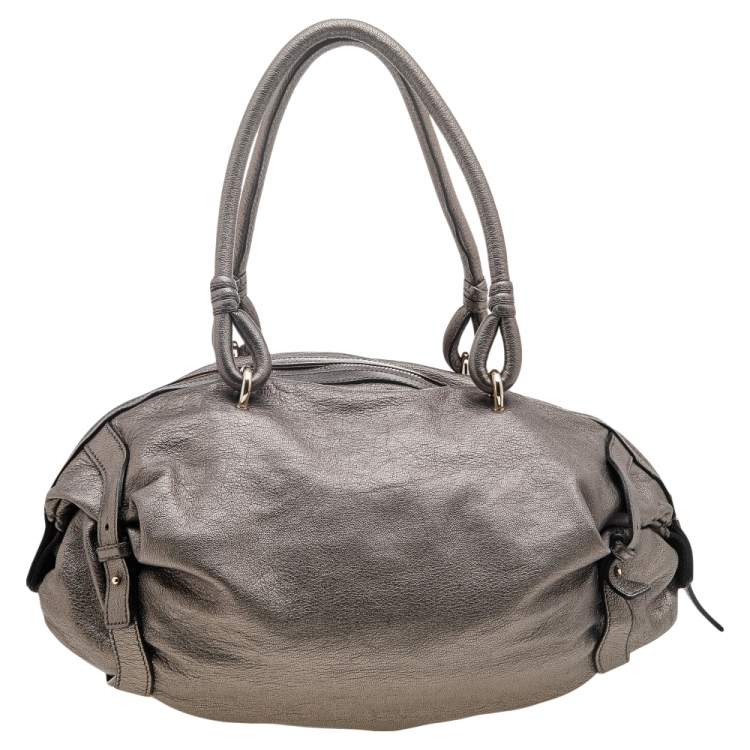 Pre Owned Salvatore Ferragamo Metallic Grey Leather Gancini Front Pocket Satchel