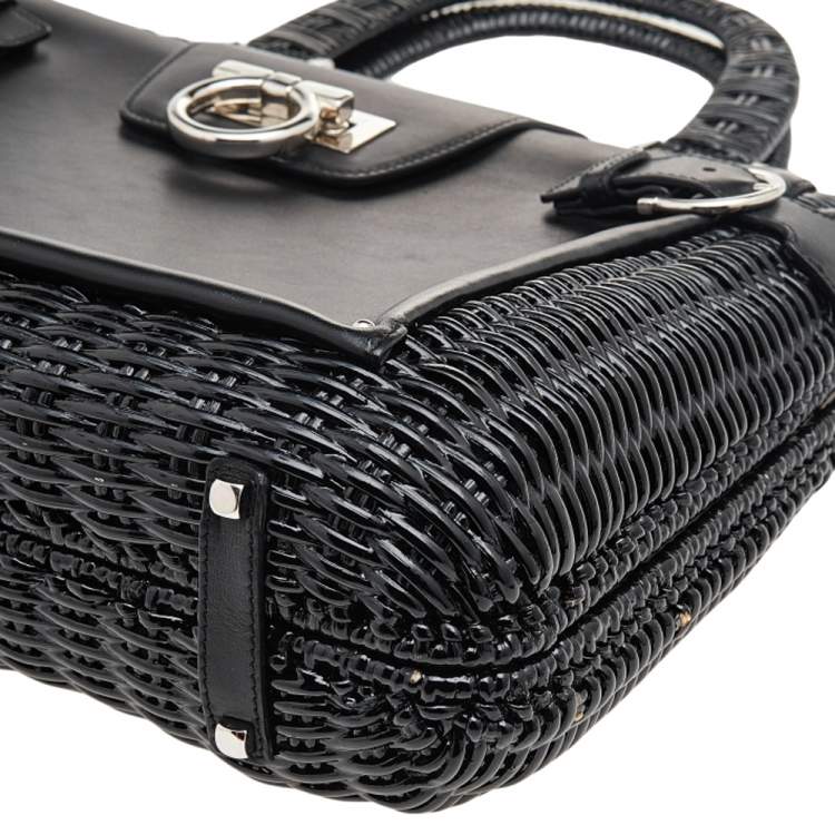 Pre Owned Salvatore Ferragamo Black Wicker and Leather Large Gancini Belted Tote