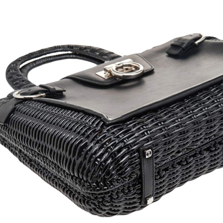 Pre Owned Salvatore Ferragamo Black Wicker and Leather Large Gancini Belted Tote