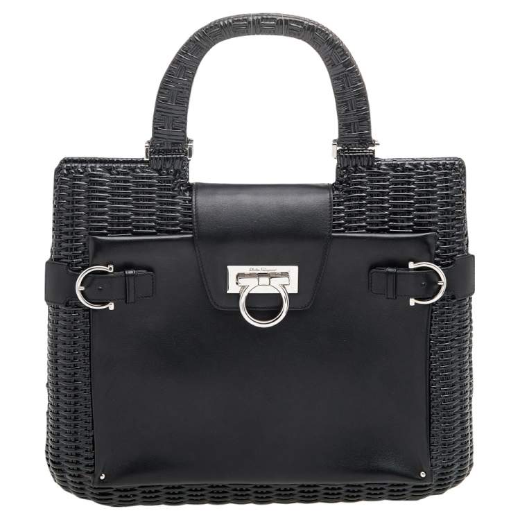 Pre Owned Salvatore Ferragamo Black Wicker and Leather Large Gancini Belted Tote