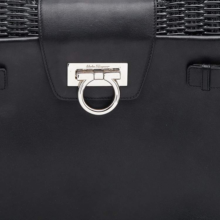 Pre Owned Salvatore Ferragamo Black Wicker and Leather Large Gancini Belted Tote
