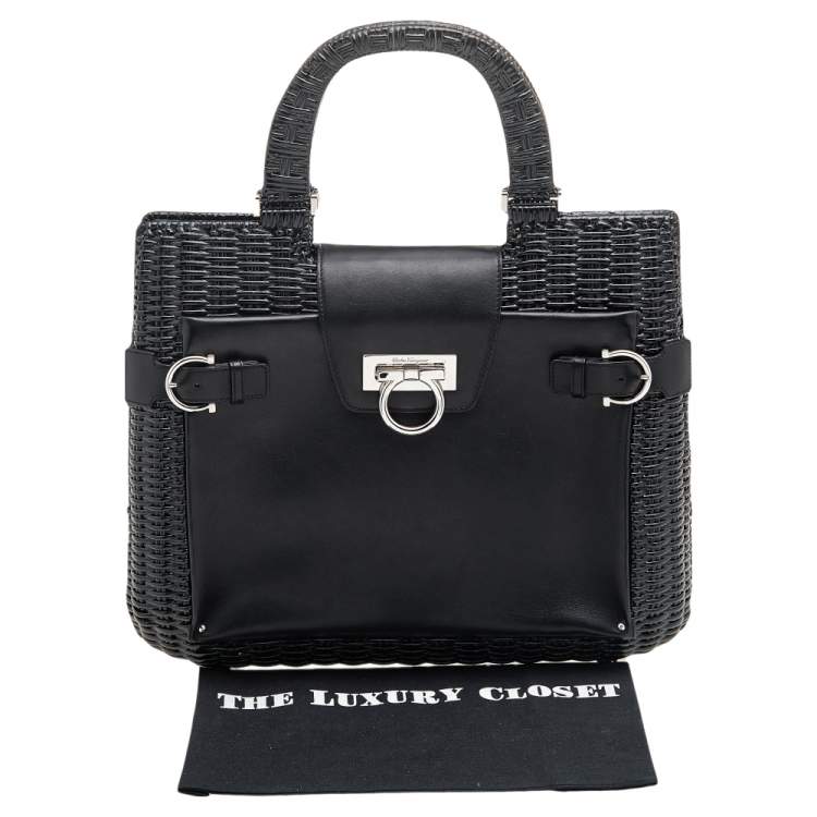 Pre Owned Salvatore Ferragamo Black Wicker and Leather Large Gancini Belted Tote