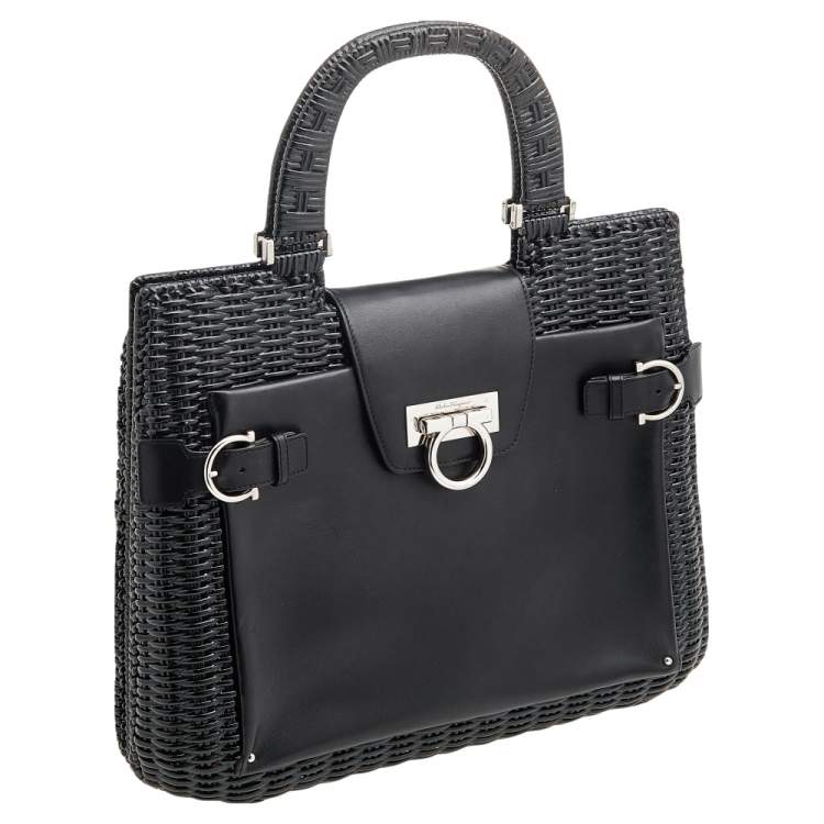Pre Owned Salvatore Ferragamo Black Wicker and Leather Large Gancini Belted Tote