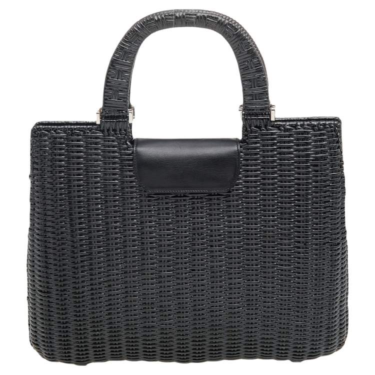 Pre Owned Salvatore Ferragamo Black Wicker and Leather Large Gancini Belted Tote