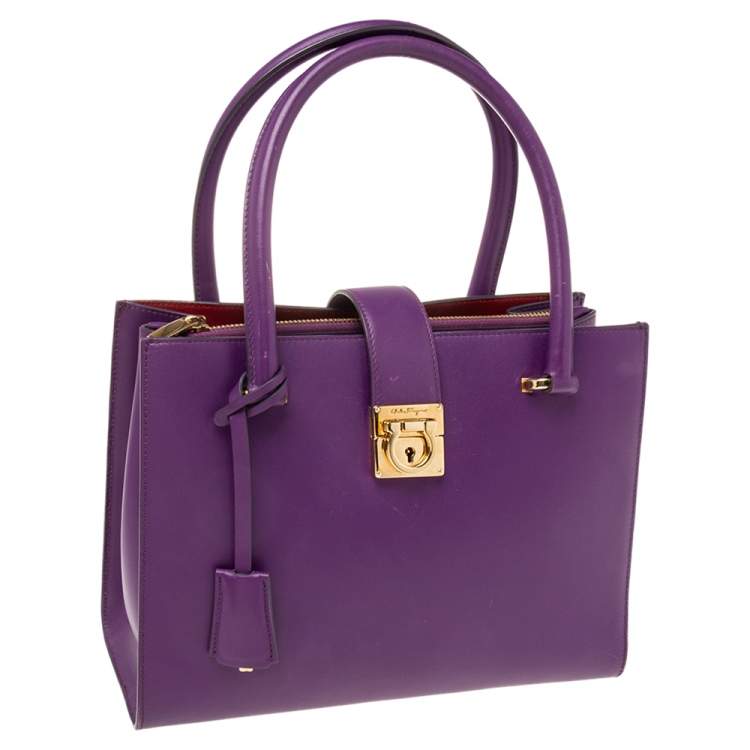 Pre Owned Salvatore Ferragamo Purple Leather Gancio Lock Tote
