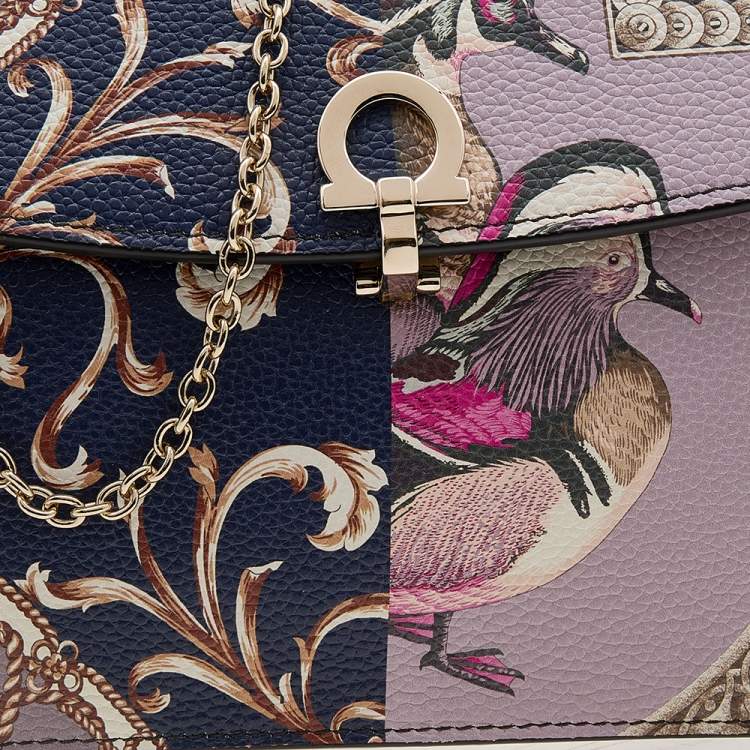 Pre Owned Salvatore Ferragamo Multicolor Foulard Print Leather Chain Crossbody Bag 