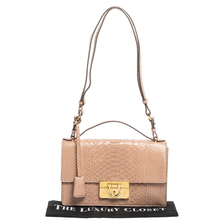Pre Owned Salvatore Ferragamo Dusty Pink Python Gancio Flap Top Handle Bag