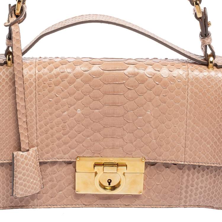 Pre Owned Salvatore Ferragamo Dusty Pink Python Gancio Flap Top Handle Bag