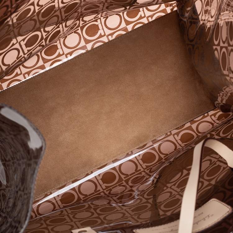 Pre Owned Salvatore Ferragamo Beige/Brown Logo Print PVC Tote